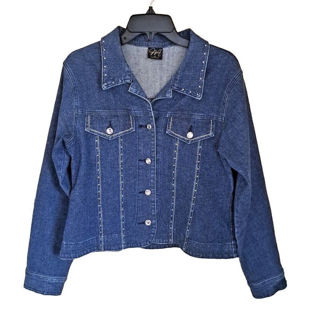 Katina Marie Embelished Jean Jacket Womens‎ Size M Sequins Bling Button Up Coat